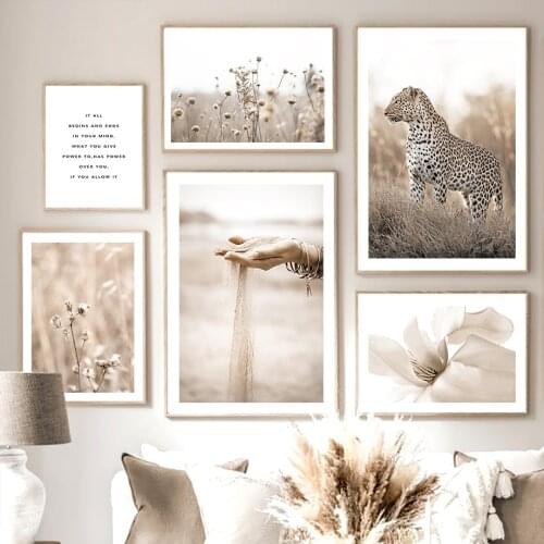 Beige Lion Leopard Reed Flower Plant Wall Art Canvas Painting Nordic Posters And Prints Wall Pictures For Living Room Home Decor