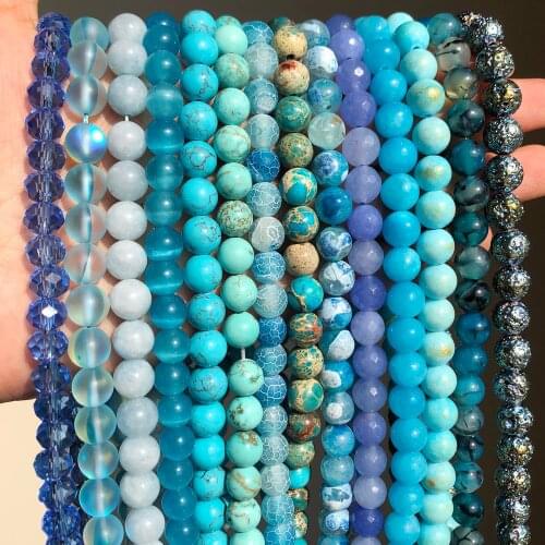Natural Round Beads Blue Agates Jades Turquoises Rondelle Crystal Loose Stone Beads for Jewelry Making Bulk DIY Bracelet 15