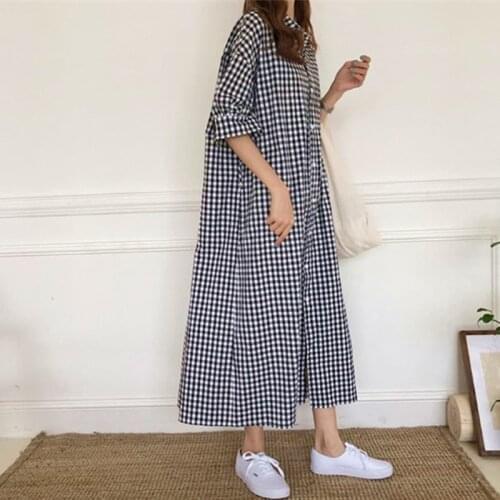 Korean long nightgowns women short sleeve loose nightshirt female casual plaid night shirt lapel ladies nightdress outer wear