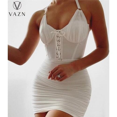 VAZN 2021 New Cross Bandage Little Chap Fashion Halter Sleeveless Sexy Party Young Joker Women Mini Dress Vestido