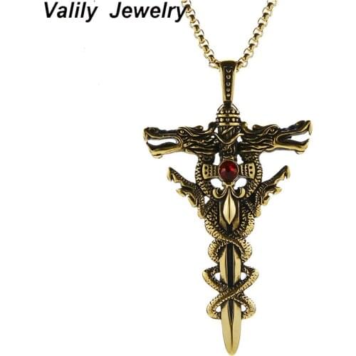 Valily Mens Punk Double Dragon Pendant Necklace Stainless steel Hiphop Biker Sword Cross Necklace Gold Jewelry for Men 24"Chain