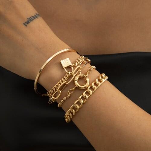 Punk hip-hop style lock jewelry with mixed and matched multi-element geometric round buckle set bracelet for female party gifts