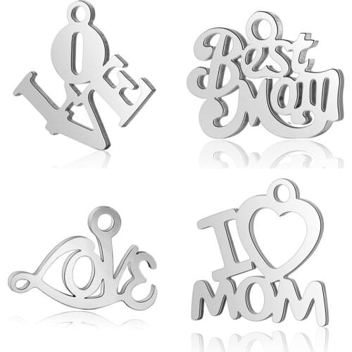 Full Polished Floating Stainless Steel Laser Incision Love Best Mom Charm Pendants for Bracelet Necklace DIY Jewelry Making