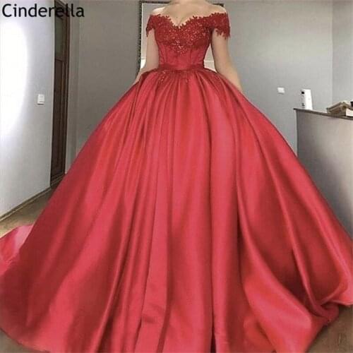 Cinderella Luxury Red Off The Shoulder Lace Applique Crystal Satin Evening Dresses With Lace Up Back vestidos de fiesta de noche