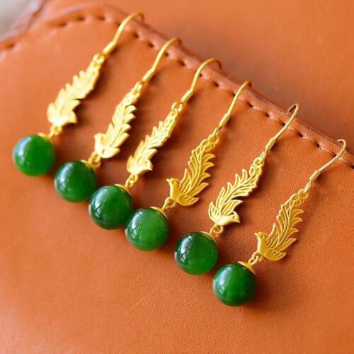 Natural Hetian jade phoenix Earrings antique palace style Jasper unique ancient gold craft charm womens silver jewelry