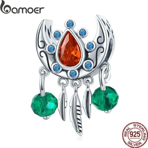 Bamoer Silver Vintage Dreamcatcher Bohemian Ruby Zircon 925 Sterling Silver Charm Pendant for Original Bracelet Jewelry BSC452