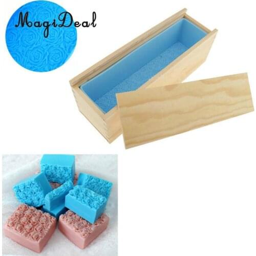 Silicone Loaf Soap Making Molds with Rose Pattern + Wood Box with Double Cover for Cake Toast Baking Candle Chocolate Making DIY