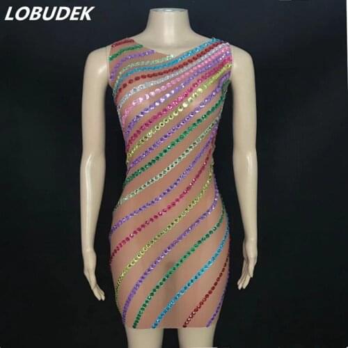 Evening Party Host Singer Model Catwalk Rhinestones Dress Rainbow Stripes Sleeveless Transparent Mesh Outfit Prom Stage Costume