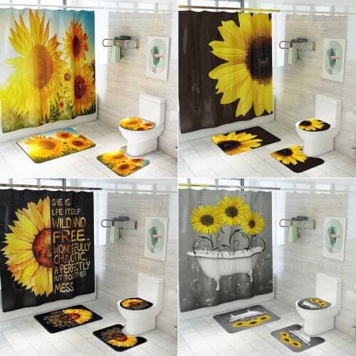 Waterproof Shower Curtain Set Non Slip Multi-style Sunflower Pattern Toilet Polyester Cover Mat Bath Shower Curtains with Hooks