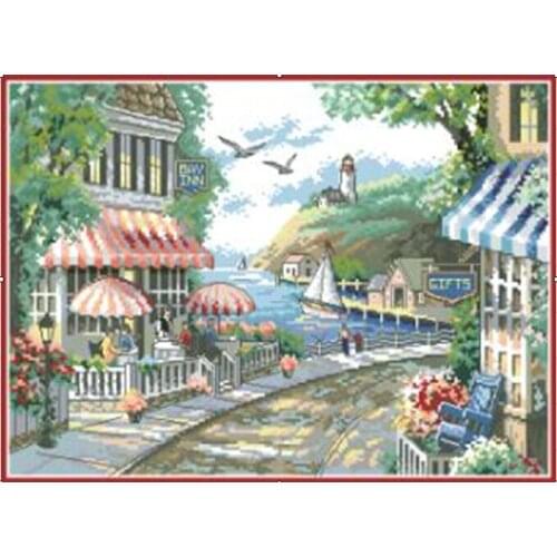 Needlework,DIY DMC Cross stitch,Kits For Embroidery set,Sea Coffee shop tree Flower cottage scenic Pattern Cross-Stitch