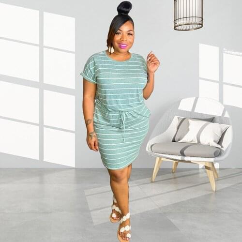 XL-5XL Plus Size Striped Print Oversize T-shirt Dress Summer Dresses for Women Drawstring Waist Short Sleeve Knee Length Dress
