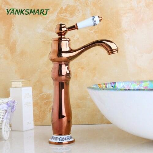YANKSMART Bathroom Basin Faucet 1 Handle Hole Ross Golden Ceramic Basin Sink Bathroom Deck Mount Ceramic Faucet Mixer Tap