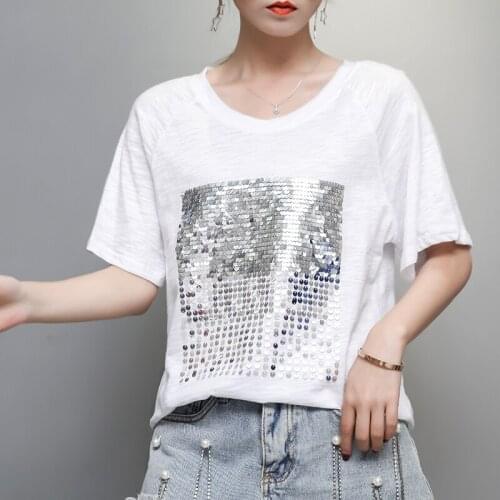 Summer Explosion Sequined T-shirt Womens Half Sleevele Glitter Solid Loose Tops Pullover Tops Ladies T Shirts clothing chic 2XL
