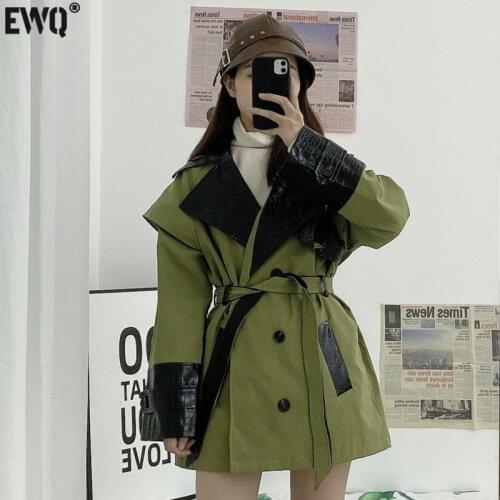 [EWQ] 2021 Spring Long-sleeved Patchwork PU Leather Turn Down Collar Double Breasted Loose Windbreaker Overcoat With Belt 8Q623