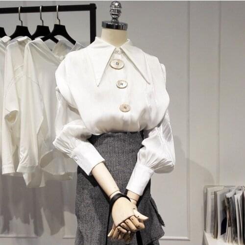 2021 Spring Autumn Women Blouse Vintage Turn-down Collar Solid White Shirt Long Sleeve Fashion Casual OL Style Female Tops D15