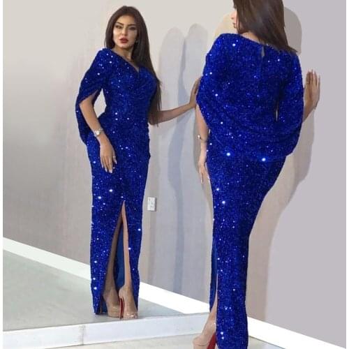 Royal Blue Evening Dresses Sheath V-neck Sequins Sparkle Crystals Slit Sexy Saudi Arabia Long Prom Dress Gown Robe De Soiree