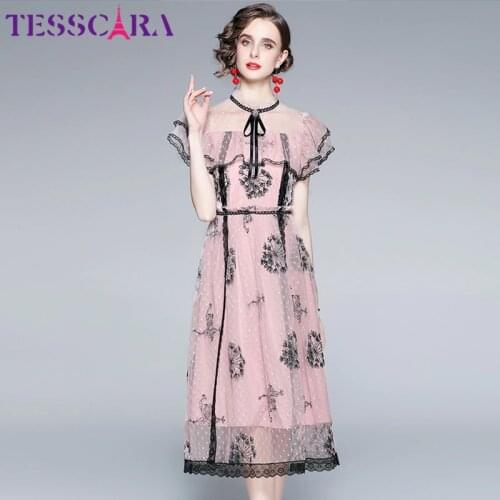 TESSCARA Women Summer Elegant Lace Dress Festa High Quality Long Pink Wedding Party Robe Femme Runway Designer A-Line Vestidos