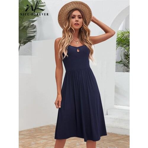 Nice-forever Summer Women Sexy Hollow Out Beach Camisole Dresses Casual Flare Sun Dress A260