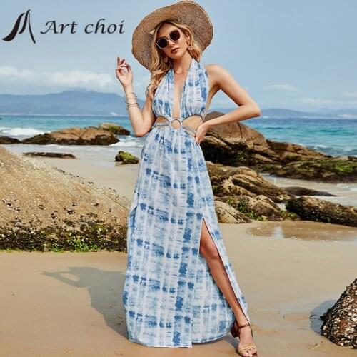 Vacation Maxi Dresses Women Summer 2021 Elegant Sexy Party Cut Out Backless Hollow Out Bodycon Print Boho Beach Dress Plus Size