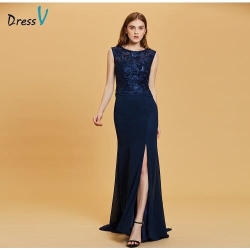 Dressv split front evening dress dark navy sleeveless a line floor length dresses women bateau formal prom long evening gown