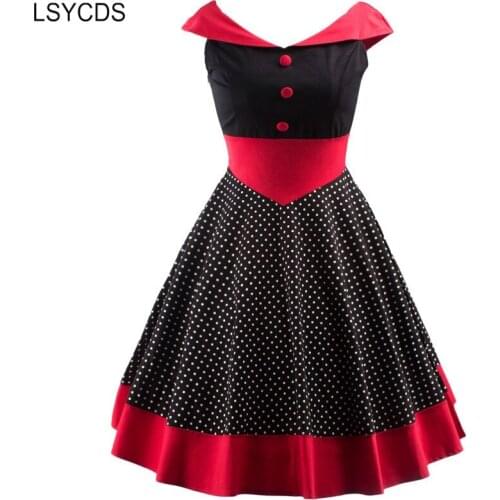 LSYCDS Women Vintage Polka Dot 1950s Pin up Cotton Dress Sexy Off Shoulder Evening Party Rockabilly Elegant Retro Dresses