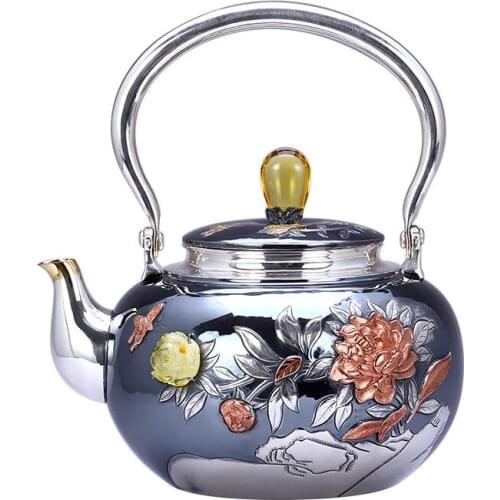 Teapot, kettle, hot water teapot, iron teapot, stainless steel kettle, tea bowl, 1000ml capacity, handmade S999 sterling silver