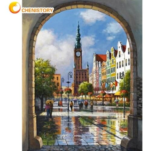 CHENISTORY Bell Tower Street Landscape Oil Painting By Numbers Kits Home Decoration Artcraft Drawing Canvas Picture By Number