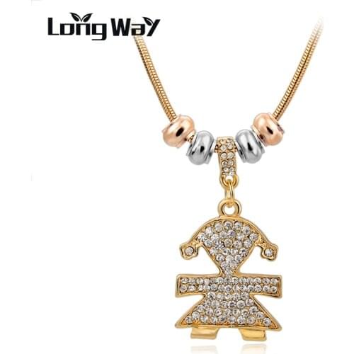 LongWay Girl Crystal Pendant Long Necklace Women Snake Chain New Arrival Silver Color Gold Color Necklace Jewelry SNE150768