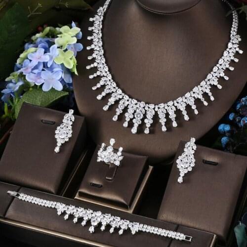Janekelly 4pcs Bridal Zirconia Full Jewelry Sets For Women Party, Luxury Dubai Nigeria CZ Crystal Wedding Jewelry Sets
