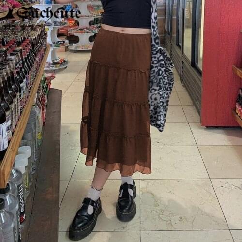 SUCHCUTE Harajuku Kawaii Skirts Women Aesthetic Hight Waist Ruffles Long Skirts Vintage Brown Loose Casual Y2K Clothes Outfits