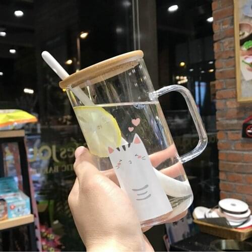 Creative Cat Large Capacity Glass Cups Heat-proof Drinking Glass Office Female Cartoon Mugs Spoon with Cover Coffee Mugs