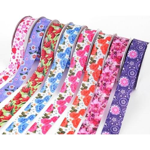 5yards/lot) 25mm Lovely Flowers Print Grosgrain Ribbon for Hairbow DIY Card Gift Cake Wrapping Lace Ribbons