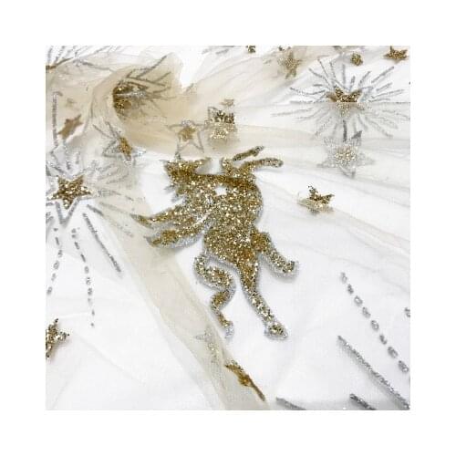 Fashion Soft Bronzing Blue Star Celestial Sequin Lace Fabric Mesh Tulle Fabric for Dress Shirt DIY Champagne Red by the Yard