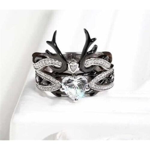 Fashion Womens Sika Deer Heart-Shaped Ring Set Silver Color Engagement Rings Female Jewelry Accessories