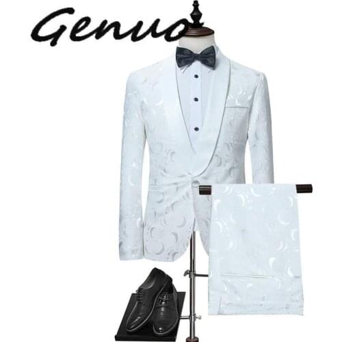 Mens Hipster White Rose Wedding Suit (Jacket+Pants) 2020 Brand Slim Fit One Button Blazer Jacket Men Dinner Prom Stage Costumes