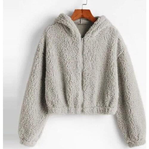 Solid Zipper Hoodie Casual Velvet Long Sleeve Autumn Winter Sweatshire 2021 Oversize Faux Fur Y2k Women Loose Short Sweater