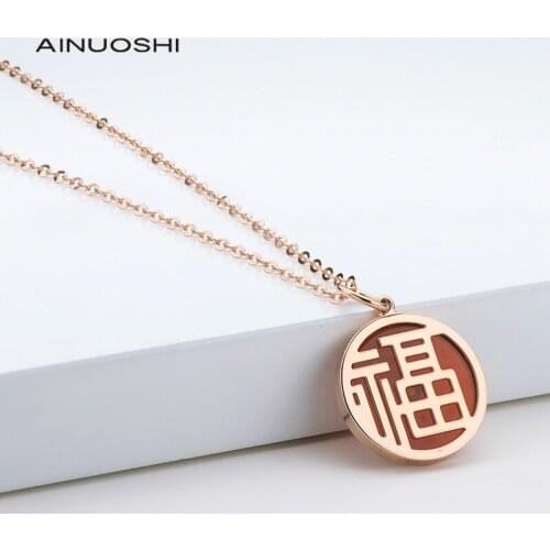 AINUOSHI 0.008ct Real Diamond Red Agate 18K Rose Gold Chinese Characters O-chain Pendant Necklace For Women Jewelry Gift 18