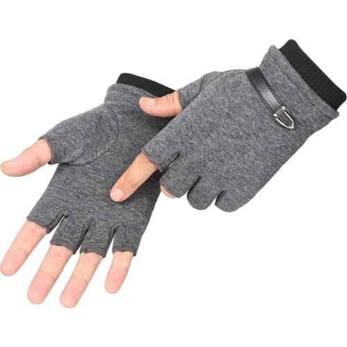 Gloves Men Fingerless Winter Warm Velvet Touch Screen Half Finger Full Gloves Jacquard Knit Driving Autumn Mitten Gloves Black