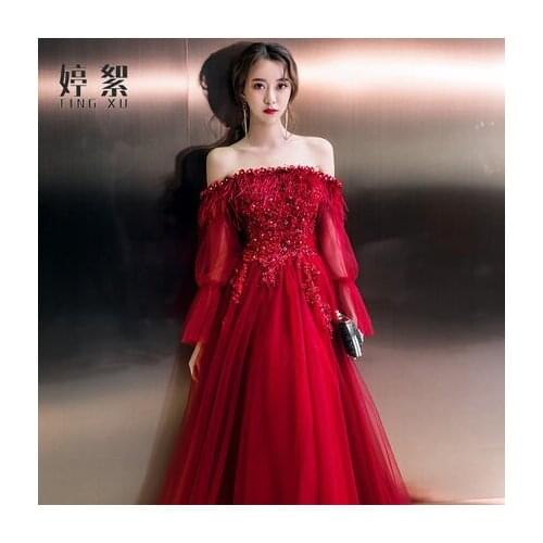 100%real wine red feather slash long sleeve embroidery long dress ball gown/cosplay/stage performence/studio/can customs size