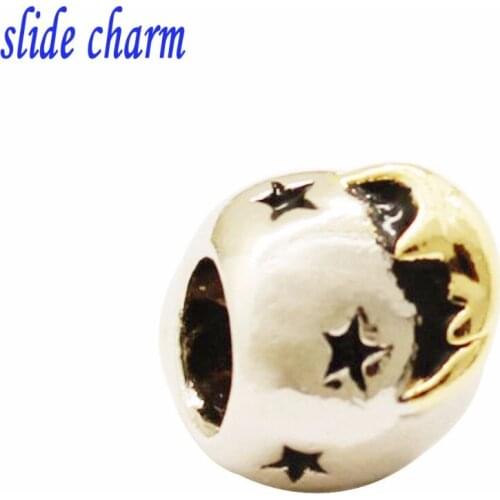 Slide charm Free shipping Golden moon, black star classic fashion Charm beads gift fit Pandora charm bracelets