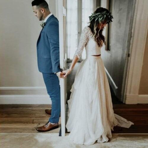 Two Pieces Boho Wedding Dress Long Sleeves 2020 A Line White Ivory Chiffon Lace Princess Beach Bride Wedding Gown