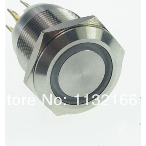 19mm LED Color Blue Stainless Steel Ring illuminated Momentary Push Button Switch 1NO 1NC Pin Terminal Waterproof
