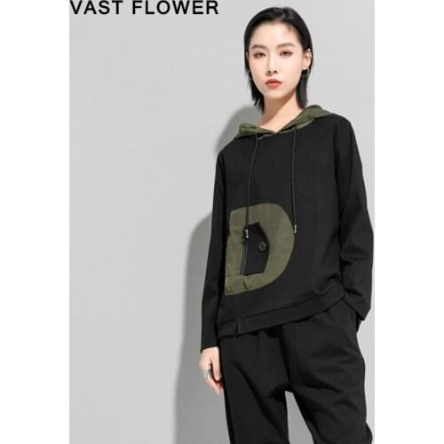 Contrast Color Pocket Sweatshirt Women New Black Long Sleeve Loose Casual Pullover Hoodies Fashion Clothes Spring Autumn 2021