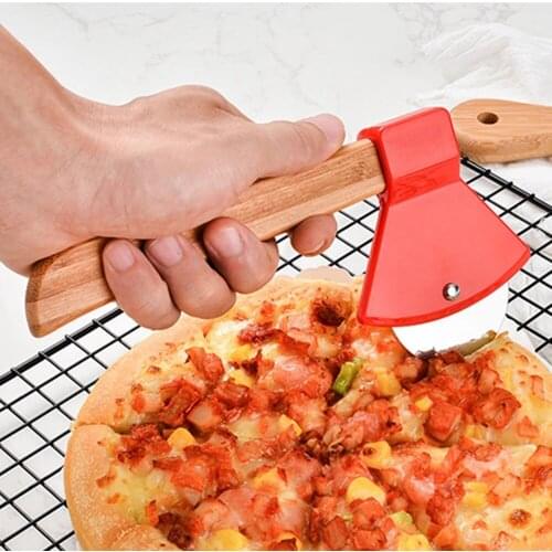 Axe Bamboo Handle Pizza Cutter Stainless Steel Pizza Knife Cake Bread Pies Round Knife Pastry Pasta Dough Kitchen Baking Tools