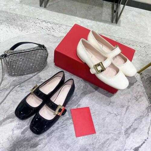 Patent Shoes Women Ballet Flats Mental Buckle Decor Round Toe Genuine Leather Sweet Style New Designer Luxury Brand Woman Shoe