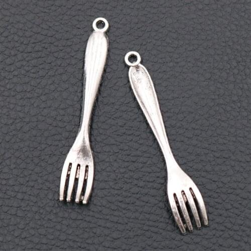 WKOUD Retro Metal 55*10mm 3D Fork Pendant Tableware Charm Kitchen Charm Popular Necklace Charms Silver Color A69 10pcs