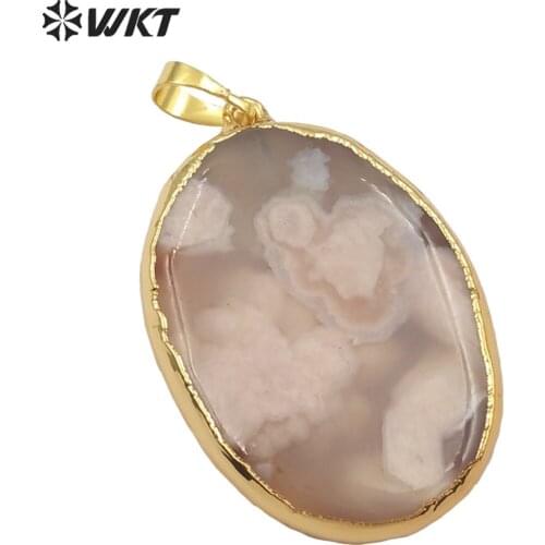 WT-JP125 Natural Cherry Blossom stones Pendant Egg Shape Pink Flower Pendant With Gold Bezel Boho Jewelry For Women