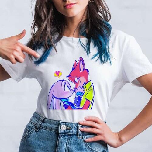 Nick the Fox Judy the Rabbit Graphic Sweet Fashion Trend Cute Women Cartoon Lady Clothes Tops Zootopia Female Tshirt T-Shirt