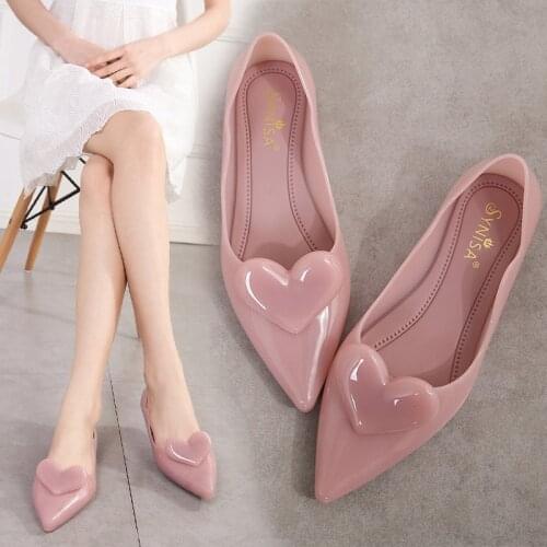 Womens Pointy Toe Heart Jelly Flats Sandals Slip On Casual Shoes Candy Colors Girls Beach Sweet New 2021