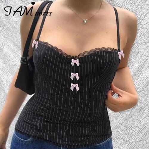Black Striped Print Bows Patched Womnes Corset Crop Top Harajuku Y2K Spaghetti Strap Summer Lace Sexy Party Camisole Iamhotty
